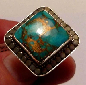 Rare! Turquoise Ring with Veins of Copper & 925 Silver Ring Size 8 - Picture 1 of 1
