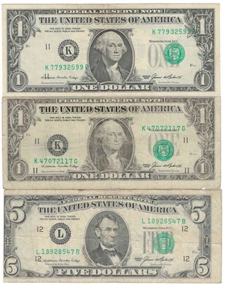 3 x 1985 Federal Reserve Alignment Error Notes 2 x $1 & 1 x $5 - Image 1 of 2