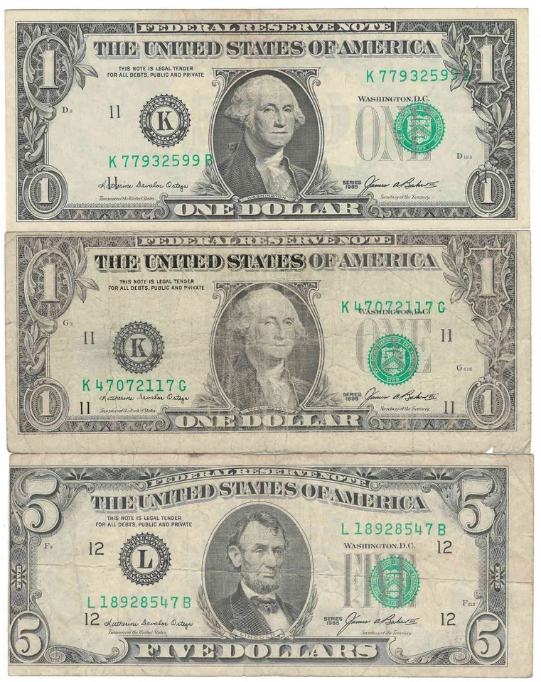 3 x 1985 Federal Reserve Alignment Error Notes 2 x $1 & 1 x $5 - Image 1 of 2