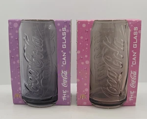 2 Coca Cola Can Shaped Glasses 2008 McDonalds Purple & Pink Luminarc Boxed New - Picture 1 of 12