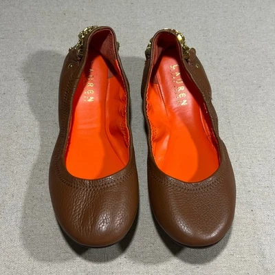 Lauren Ralph Lauren Barb Brown Leather Chain Ballet Flats Size 6.5B - Image 1 of 4
