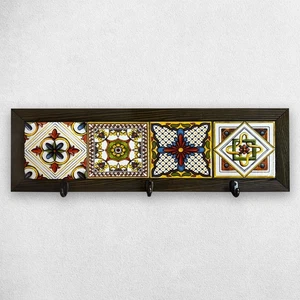 Anatolian Tiles Key Holder Wall Hook Handmade Wooden with Ceramic Tiles Gift - Picture 1 of 5