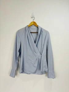 The Fold Shirt Women Size 14 Pale Blue V Neck Wrap Long Sleeve Collarless Cotton - Picture 1 of 13