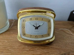 Reloj despertador de viaje Europa vintage 2 joyas estuche de cuero tostado Alemania - Imagen 1 de 7