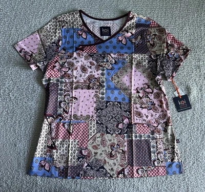 Koi Stretch Scrub Top Women’s Sz Large Mariposa Bandana Paisley Nursing Medical - Image 1 of 4
