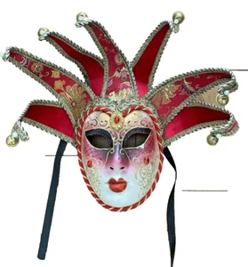 Red Venetian Masquerade Mask Hand Painted In Venice Italy Original     - Picture 1 of 8