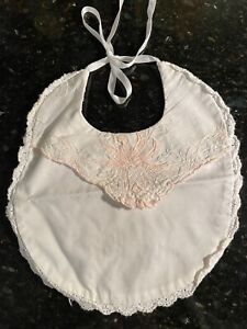 Lace Trimmed Infant Baby Newborn Girl Bib White Pink Embroidery Christening