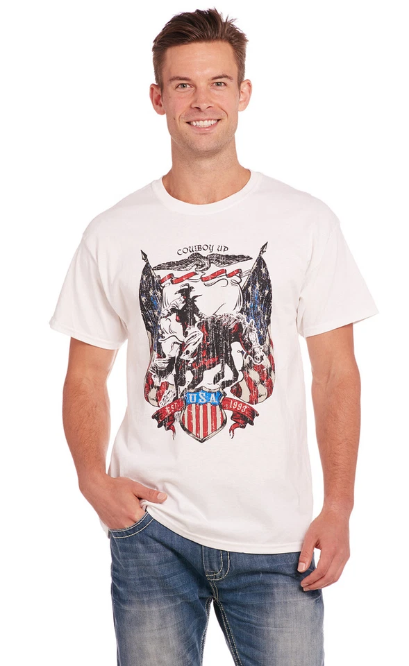 Cowboy Up Mens USA Flag Tee White 100% Cotton S/S T-Shirt - Image 1 of 1