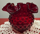 G5-Vintage Fenton Glass Vase Ruby Red Small Bowl Ruffle Crimped Edge Hobnail 3"