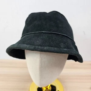 Vintage Bucket Hat Women Black ANN TAYLOR Leather Shearling Cloche Y2K Whimsy UK - Picture 1 of 8