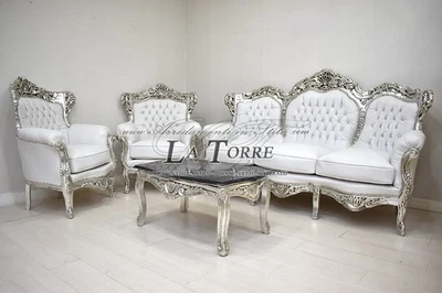 Divano Poltrona Germany Tavolino Salotto Foglia Argento Barocco ecopelle bianca  - Immagine 1 di 4