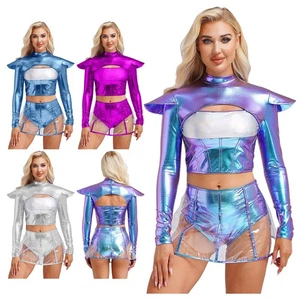 Women 2 Piece Festival Outfit Crop Top Space Alien Transparent Costume Shiny - Picture 1 of 44