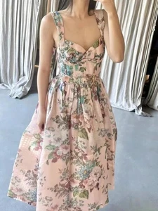 Mujer Vestido Medio Rosa Estampado Correa Cuello en V Hombro Cintura Alta Princesa Vestido - Imagen 1 de 15