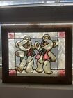 Vintage Handmade Teddy Bear Stained Glass Window Panel Framed with Chain