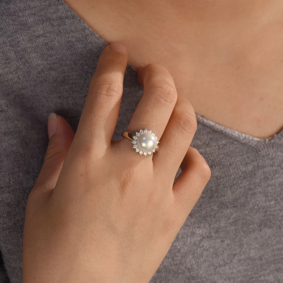 Традиционный вневременной свадьбы CZ Halo Solitaire имитации белый жемчуг коктейль - Изображение 1 из 3