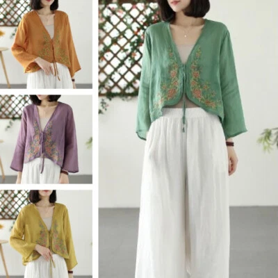Women Ethnic Embroidered Shirt Open Tie Blouse 3/4 Sleeve Top Chinese Hanfu