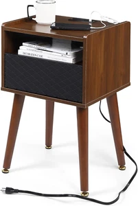 Mid Century Modern Wood Nightstand Side Table with Charging Station and Drawer f - Picture 1 of 8