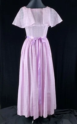 Vintage 1970 Long Flocked Daisy Maxi Dress S Lavender Cape Neckline Bridesmaid - Image 1 of 4