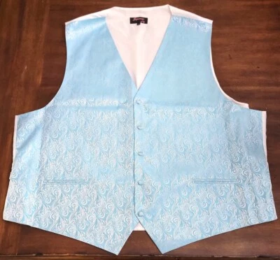 NEW Spencer J's 4XL Luxury Satin Swirling Scrolls White & Turquoise Tuxedo Vest - Image 1 of 3