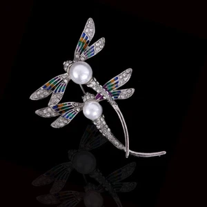 Art Deco Style Vintage Enamel Crystal Silver Dragonfly Brooch Badge Pin Gift - Picture 1 of 7