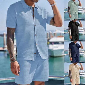 Men Summer Outfit 2-Piece Set Short Sleeve Shirt and Shorts Sweatsuit Casual Set - Picture 1 of 15