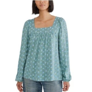 NWT Lucky Brand Floral Square Neck Pleated Relaxed Shirt Boho Teal Green Large - Picture 1 of 8