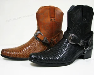 Brand New Mens Cowboy Boots Western Snake Skin Print Zippper Buckle Harness Shoe - Picture 1 of 28