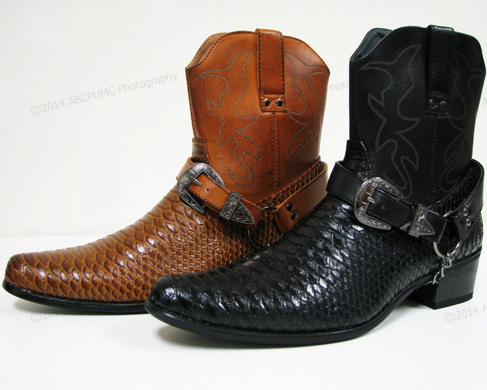 Brand New Mens Cowboy Boots Western Snake Skin Print Zippper Buckle Harness Shoe - Image 1 of 4