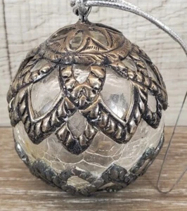Vintage Christmas Ball Ornament Decorative Metal and Crackle Glass FREE SHIPPING - Picture 1 of 8