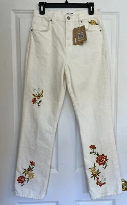 Pantalones de mezclilla rectos de tiro alto Reformation Cynthia talla 26 marfil bordado floral nuevos con etiquetas Foto 1 de 4