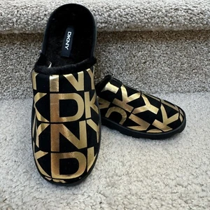 NEW DKNY Women's Faux Fur Gold Logo Print Black Slippers Shoes Size 6 - Picture 1 of 6