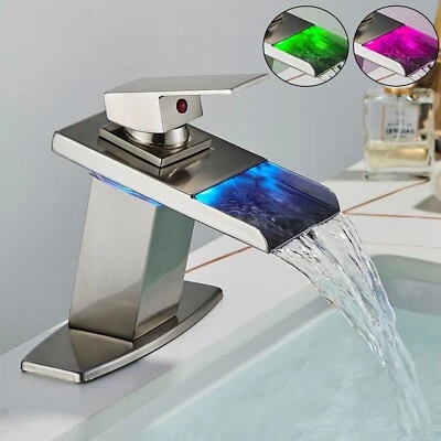 BWE Bathroom Sink Faucet LED Waterfall Vessel Single Handle Mixer Tap Brushed Nickel