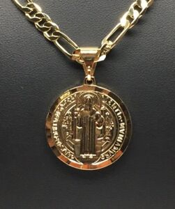 Gold Plated San Benito Medalla Pendant Necklace Cadena 26" Oro Laminado