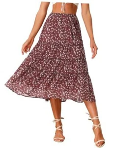 Women's Floral Skirts Chiffon A-line Long Tiered Ruffle Boho Midi Medium Brown - Picture 1 of 7
