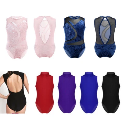 Kid Girl Ballet Dance Velvet Leotards Gymnastics High Neck Cutout Back Bodysuits - Image 1 of 2