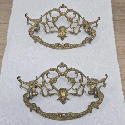 Solid Brass Drawer Pulls Antique 1800s Set Of 2- 3" Centers Ornate Victorian  - Image 1 of 4