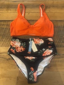 Cupshe Red Tie Top W Black Ruched Tummy Floral Bottoms L NWT - Picture 1 of 6