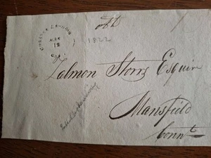 RARE 1822 Stampless Cover : Chester Landing CT to Zalmon Storrs Mansfield CT - Imagen 1 de 2