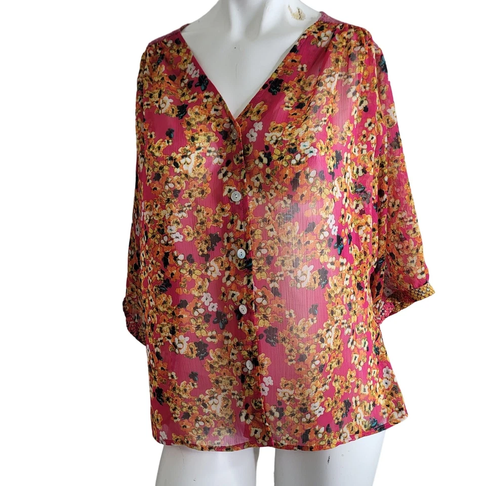 Fig & Flower Small blouse women top sheer floral button patchwork lace hi-low - Image 1 of 4