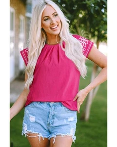 Sachet Pink Floral Embroidered Flutter Sleeve Pleated Neck Blouse - M - Picture 1 of 10
