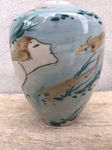 Vaso carpa koi pesce dama nuda porcellana studio giapponese vintage arte ceramica Giappone - Foto 1 di 17