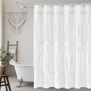 White Shower Curtain Farmhouse Shower Curtain Rustic Striped Cotton Blend Fab... - Picture 1 of 7
