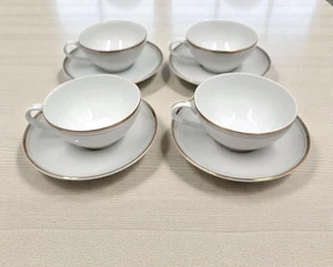 Royalton China Set of 4 Flat Cup & Saucer Sets White Gold Trim Translucent Porce - Picture 1 of 11