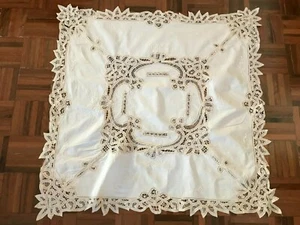 Vintage Battenburg lace embroidered cotton linen tablecloth square ecru 84 x 84c - Picture 1 of 8