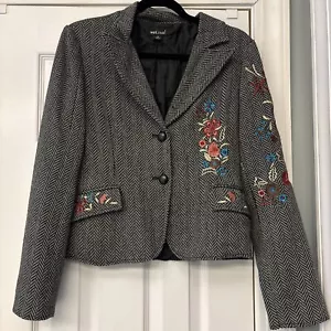 Wet Seal Womens Jacket Cropped Brown embroidered 2 buttons30% wool Size M - Picture 1 of 8