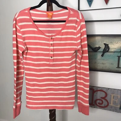 Top térmico Joe Fresh para mujer L rosa y blanco con botones manga larga a rayas usado en excelente estado Foto 1 de 4