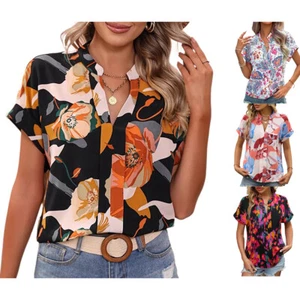 Women's Summer Blouse Shirt V Neck Floral Short Sleeve Loose Soft Chiffon Tops - Picture 1 of 16