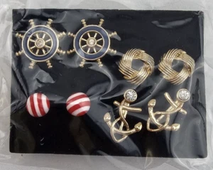 Avon "Nautical 4 Pair Earring Set" Anchor, Stripes, Wheel, & Gold Weave Stud NIB - Picture 1 of 13