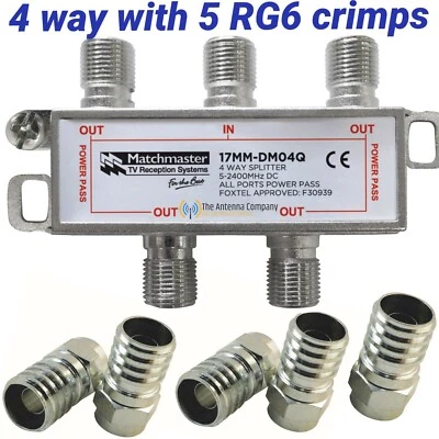  tv antenna splitter industry standard 4 way quality f type with 5 x RG6 crimps. - Image 1 of 2