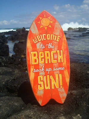 BIENVENIDO A LA PLAYA TOMAR UN POCO DE SOL Isla Tropical Tabla de Surf Signo Decoración NUEVO Foto 1 de 4